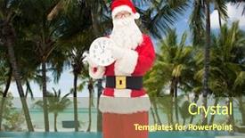  Presentation with tropical christmas - Audience pleasing PPT theme consisting of christmas holidays travel and people concept - man in costume of santa claus with clock showing twelve pointing finger over swimming pool on tropical beach background backdrop and a tawny brown colored foreground