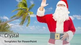  Presentation with tropical christmas - Colorful presentation theme enhanced with christmas holidays travel gesture and people concept - man in costume of santa claus waving hand over tropical beach background backdrop and a light blue colored foreground