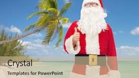  Presentation with tropical christmas - Colorful slides enhanced with christmas holidays travel gesture and people concept- man in costume of santa claus showing thumbs up over tropical beach background backdrop and a soft green colored foreground