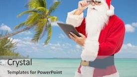  Presentation with tropical christmas - Presentation enhanced with christmas holidays travel technology and people concept - man in costume of santa claus with tablet pc computer over tropical beach background background and a light blue colored foreground