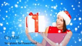  Presentation with christmas holidays - Theme enhanced with christmas holidays valentine's day celebration and people concept - smiling woman in red dress with gift box over blue snowy background background and a light blue colored foreground