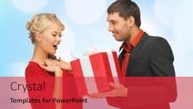  Presentation with blue lights - PPT theme with christmas holidays valentine's day celebration and people concept - smiling man and woman with present over blue lights background background and a red colored foreground