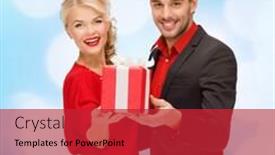 Presentation with blue lights - Slide deck featuring christmas holidays valentine's day celebration and people concept - smiling man and woman with present over blue lights background background and a red colored foreground