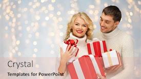  Presentation with christmas presents - Slide deck with christmas holidays valentine's day celebration and people concept - smiling man and woman with presents over lights background background and a coral colored foreground
