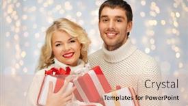  Presentation with christmas presents - Slide set consisting of christmas holidays valentine's day celebration and people concept - smiling man and woman with presents over lights background background and a lemonade colored foreground