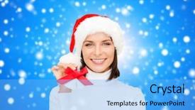  Presentation with jingle - Colorful theme enhanced with christmas holidays winter happiness and people concept - smiling woman in santa helper hat with jingle bells over blue snowy background backdrop and a light blue colored foreground