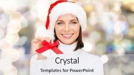  Presentation with jingle - Cool new slides with christmas holidays winter happiness and people concept - smiling woman in santa helper hat with jingle bells over lights background backdrop and a white colored foreground