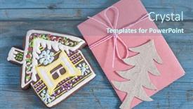  Presentation with gingerbread house - Slides with christmas homemade gingerbread house cookie over wooden background background and a ocean colored foreground