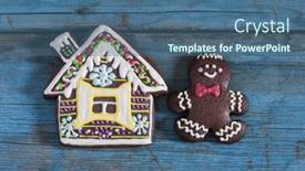  Presentation with gingerbread house - PPT theme having christmas homemade gingerbread house cookie over wooden background background and a ocean colored foreground