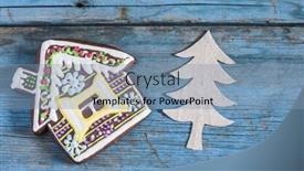  Presentation with gingerbread house - Amazing theme having christmas homemade gingerbread house cookie over wooden background backdrop and a light blue colored foreground