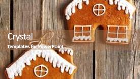  Presentation with gingerbread house - Slides with christmas homemade gingerbread house cookies over wooden background background and a coral colored foreground
