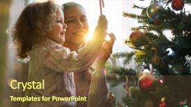  Presentation with collage of families celebrating christmas - Colorful presentation theme enhanced with christmas in a decorated house backdrop and a tawny brown colored foreground