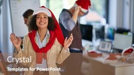  Presentation with company - PPT theme with christmas-in-office-smiling-woman background and a coral colored foreground