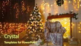  Presentation with christmas presents - Slide set with christmas interior with presents under fir tree plaids on chair near wall with garlands background and a tawny brown colored foreground