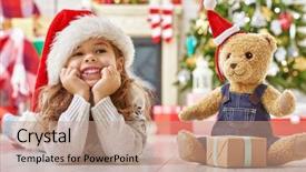  Presentation with girl christmas - Colorful slide set enhanced with christmas bear - girl in santa hat playing backdrop and a coral colored foreground