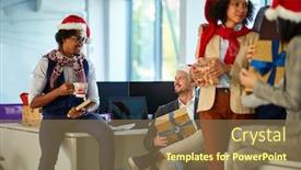  Presentation with christmas party - Presentation design with christmas meeting young people in santa hat at xmas party at office background and a coral colored foreground