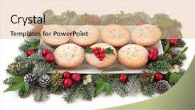  Presentation with pies - Presentation design enhanced with christmas mince pies on a plate with red baubles holly mistletoe and winter greenery over white background background and a lemonade colored foreground