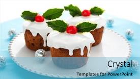  Presentation with christmas holly - Audience pleasing PPT theme consisting of christmas mini cakes with holly backdrop and a light blue colored foreground