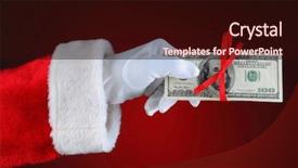  Presentation with santa claus and reindeers - PPT theme with christmas money - santa claus hand with cash background and a wine colored foreground