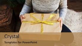  Presentation with helping others two hands woman - Colorful presentation design enhanced with christmas moving background - young woman is unpacking backdrop and a  colored foreground