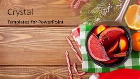  Presentation with mulled wine - Colorful slides enhanced with christmas mulled wine on wooden table view from above with copy space backdrop and a coral colored foreground