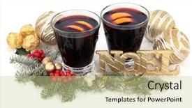  Presentation with noel - PPT theme enhanced with christmas mulled wine with gold noel sign on snow with bauble decorations holly mistletoe and winter greenery over white background background and a soft green colored foreground