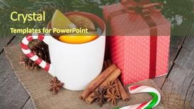  Presentation with mulled wine - PPT theme enhanced with christmas mulled wine with spices gift box and snowy fir tree on wooden table background and a tawny brown colored foreground