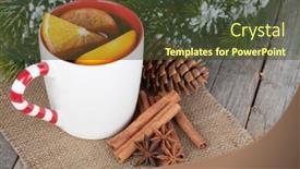  Presentation with mulled wine - Presentation featuring christmas mulled wine with spices and snowy fir tree on wooden table background and a tawny brown colored foreground