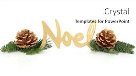  Presentation with noel - Audience pleasing slide set consisting of christmas noel gold sign with spruce pine leaf sprig with golden pine cone pair isolated over white background backdrop and a cream colored foreground