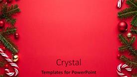  Presentation with cane - Presentation design featuring christmas or new year border on red background festive decor of fir branches christmas balls and candy cane background and a red colored foreground