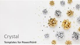  Presentation with silver christmas - Slide set enhanced with christmas or new year composition with gold and silver sparkling ribbon decorations on white background flat lay copy space background and a white colored foreground