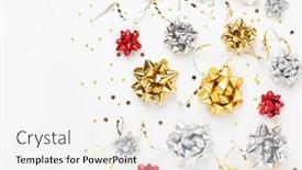  Presentation with sparkling - Colorful PPT theme enhanced with christmas or new year composition with colored sparkling ribbon decorations on white background flat lay copy space backdrop and a white colored foreground