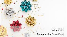 Presentation with sparkling - Cool new PPT layouts with christmas or new year composition with colored sparkling ribbon decorations on white background flat lay copy space backdrop and a white colored foreground