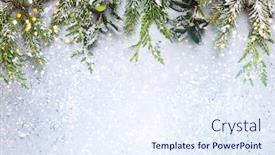  Presentation with winter border - Beautiful presentation design featuring christmas or winter background with a border of green and frosted evergreen branches on a grey vintage board flat lay winter concept with copy space backdrop and a sky blue colored foreground