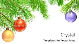  Presentation with pine - Amazing theme having christmas ornaments on a branch of a pine isolated over white backdrop and a white colored foreground