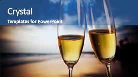  Presentation with two glasses of champagne - Audience pleasing PPT theme consisting of christmas palm trees - champagne glasses on tropical beach backdrop and a ocean colored foreground