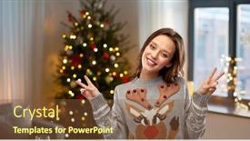  Presentation with christmas party - Presentation theme enhanced with christmas party and holidays concept - happy young woman wearing ugly sweater with reindeer pattern showing peace over home background background and a tawny brown colored foreground