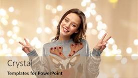  Presentation with ugly christmas sweater - Amazing presentation theme having christmas party and holidays concept - happy young woman wearing ugly sweater with reindeer pattern showing peace over grey background over festive lights background backdrop and a coral colored foreground