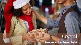  Presentation with christmas party - Colorful slides enhanced with christmas-party-in-company-smiling backdrop and a coral colored foreground