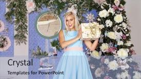  Presentation with christmas party - PPT theme with christmas party winter holidays blonde woman with gift box new year girl christmas tree in interior background background and a light blue colored foreground
