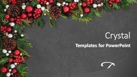  Presentation with winter border - Amazing PPT theme having christmas peace background border with silver sign red and silver ball baubles holly mistletoe and winter flora on grunge grey background with copy space backdrop and a dark gray colored foreground