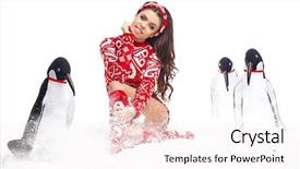  Presentation with girl in red dress - PPT theme consisting of christmas penguins - winter girl in dress holding background and a white colored foreground