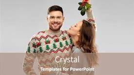  Presentation with happy holiday - Amazing presentation design having christmas people and holiday traditions concept - portrait of happy couple in ugly sweaters kissing under the mistletoe over grey background backdrop and a coral colored foreground
