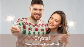  Presentation with ugly christmas sweater - Audience pleasing presentation design consisting of christmas people and holidays concept - portrait of happy couple with sparklers at ugly sweater party backdrop and a coral colored foreground