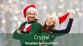  Presentation with christmas party - Presentation theme enhanced with christmas people and holidays concept - portrait of happy couple in santa hats at ugly sweater party over festive lights background background and a ocean colored foreground