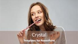  Presentation with ugly christmas sweater - Colorful presentation design enhanced with christmas people and holidays concept - happy young woman wearing ugly sweater with reindeer pattern eating candy cane backdrop and a violet colored foreground