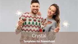  Presentation with ugly christmas sweater - Presentation consisting of christmas people and holidays concept - portrait of happy couple with sparklers at ugly sweater party background and a coral colored foreground