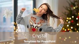  Presentation with ugly christmas sweater - Presentation design consisting of christmas people and holidays concept - happy young woman wearing jumper with reindeer pattern and biting gingerbread party accessory at ugly sweater party over home room background background and a coral colored foreground
