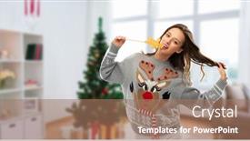  Presentation with ugly christmas sweater - Cool new PPT theme with christmas people and holidays concept - happy young woman wearing jumper with reindeer pattern and biting gingerbread party accessory at ugly sweater party over home room background backdrop and a coral colored foreground