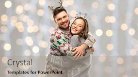  Presentation with ugly christmas sweater - Audience pleasing PPT layouts consisting of christmas people and holidays concept - happy couple hugging at ugly sweater party over festive lights background backdrop and a light gray colored foreground